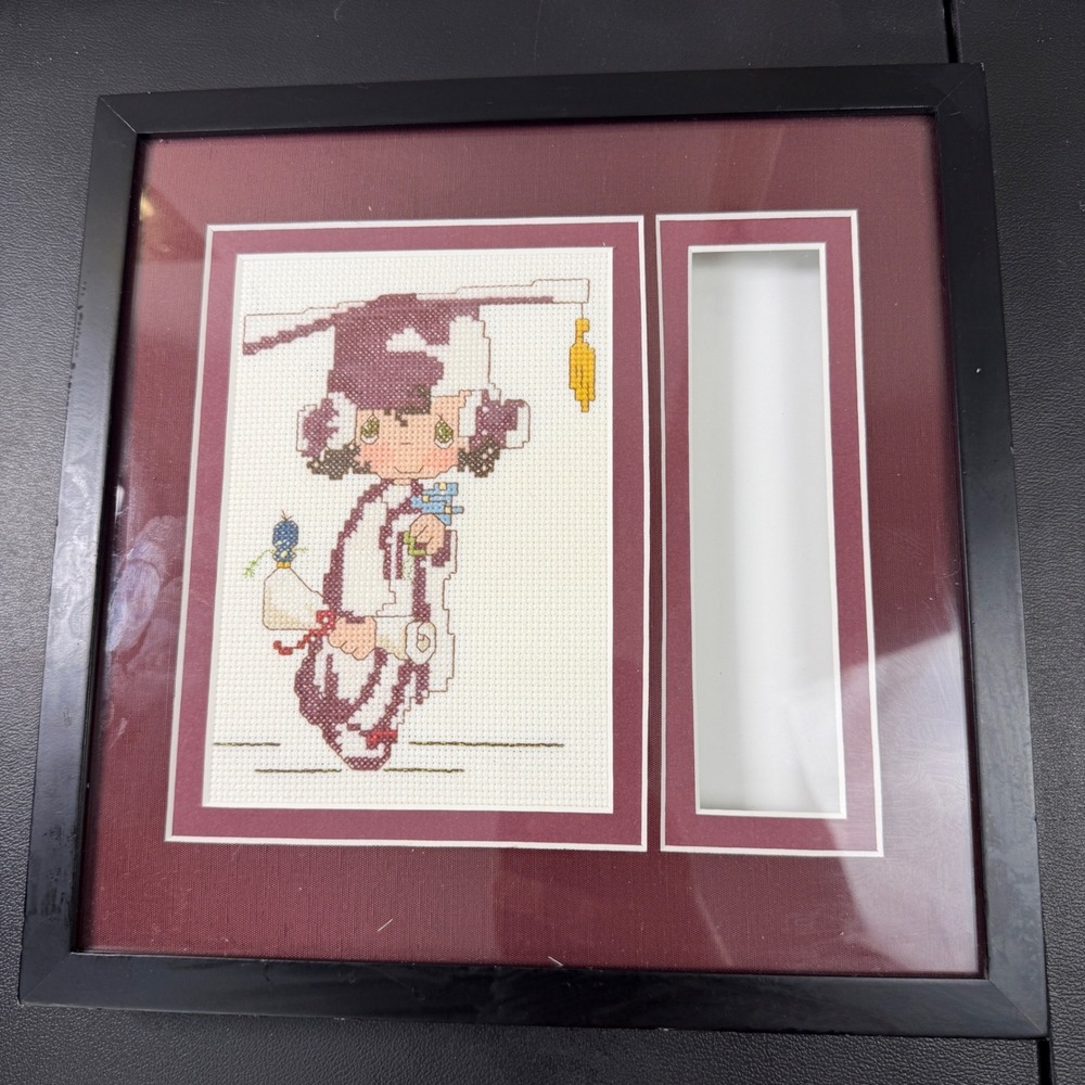 VTG Handmade Graduation Cross Stitch Art 11.5 Burgundy Black Frame tassel BOX
